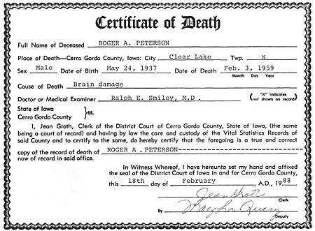 Roger Peterson (pilot) death certificate